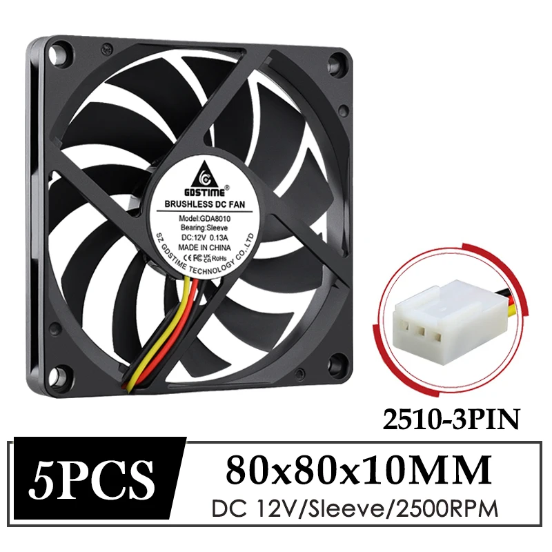 

5Pcs Gdstime DC 12V 8010 Cooler 80x80x10MM Brushless Cooling Fan 80MM 2PIN CPU Radiator Fan for PC Computer Case Cooling