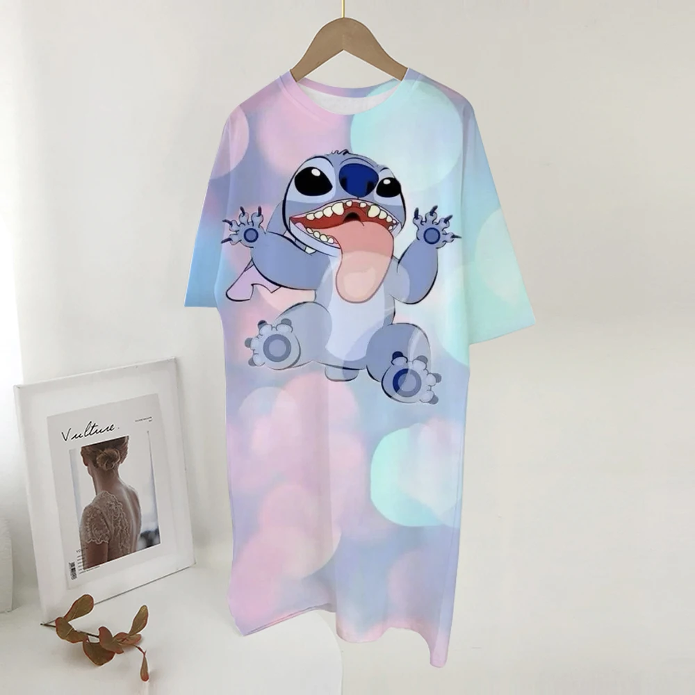 Tamanho da etiqueta feminina verão casual manga curta vestidos de noite casual o pescoço disney stitch impressão vestidos brancos novo wo