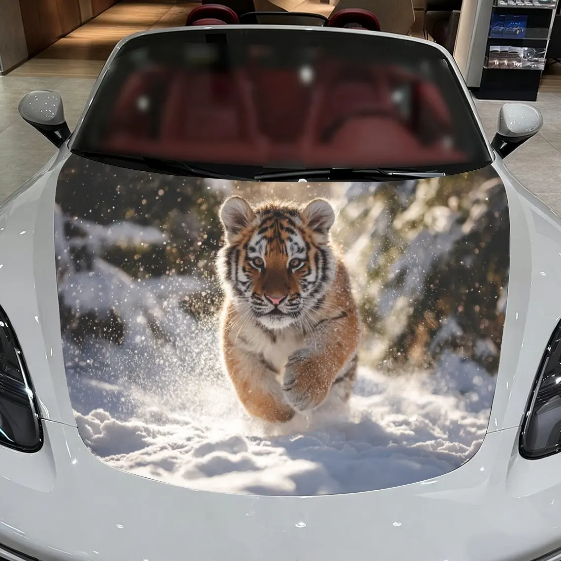 Car Decals A Tiger Charging Through Snowy Terrain In Dynamic Winter Scene Creation Car Hood Sticker, Waterproof Self - Adhesive