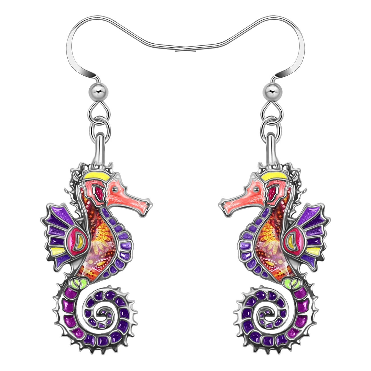 Bonsny Enamel Alloy Colorful Hippocampus Drop Earrings Animals Seahorse Dangle Charms Fashion Jewelry For Women Friends Gifts