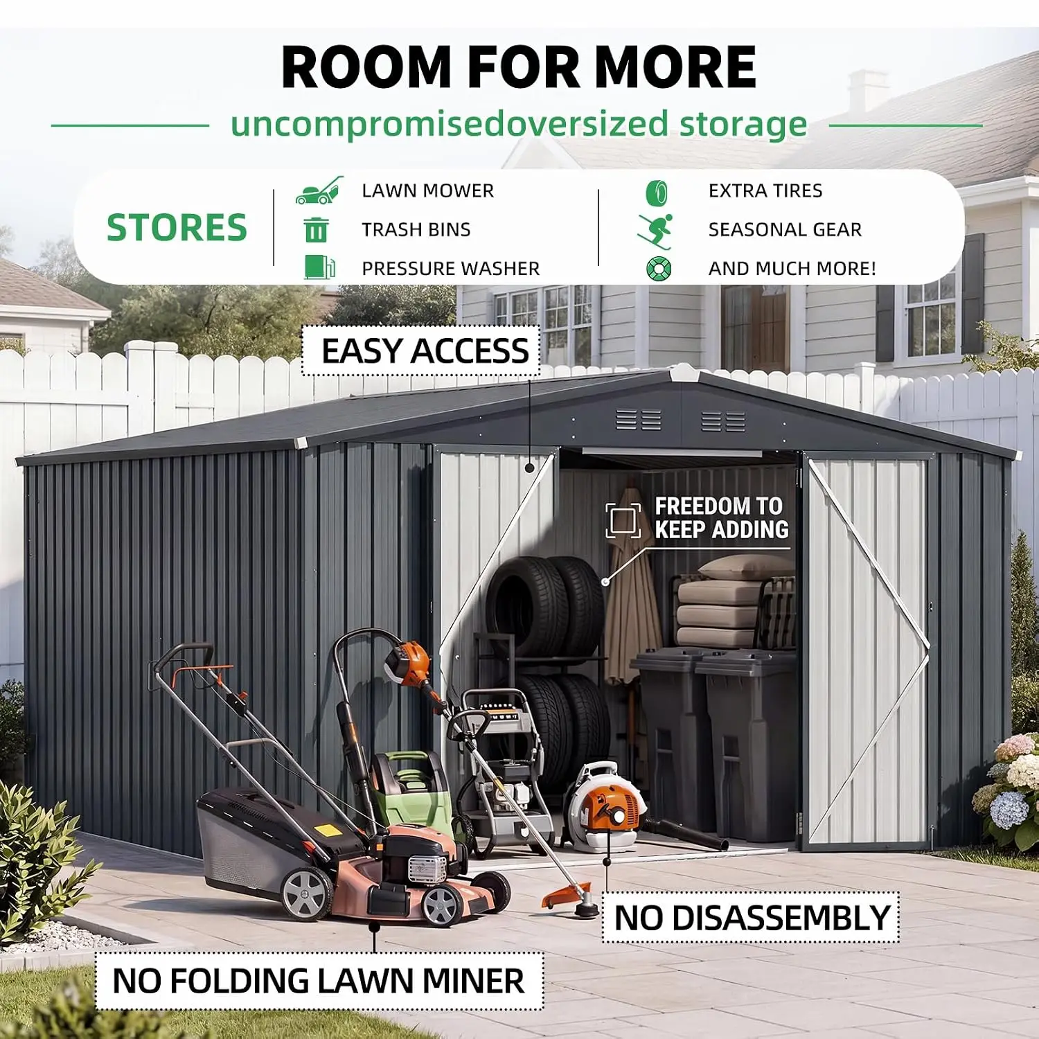 Metal Outdoor Storage Shed with Lockable Double Doors for Lawn Mower & Garden Tool, 10' x 12', Dark Grey, Customized