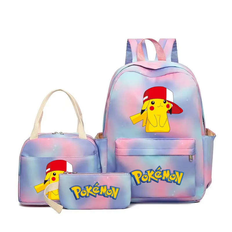 3 szt. Pikachu plecak długopis Lunch tęczowe torby Bookbags nastolatki tornistry podróżny plecak na laptopa dla dzieci