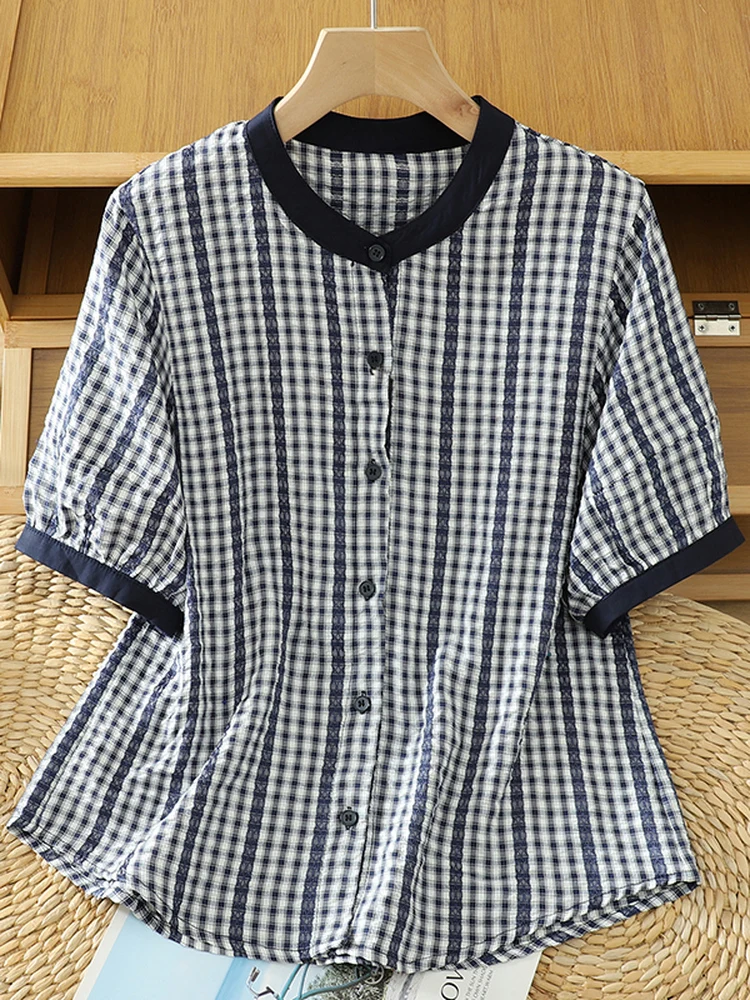 

Fashionable Young Looking Plaid Cotton Linen Short Sleeve Shirt Women Summer Thin Small Size Linen Top Small Shirt Korean Style