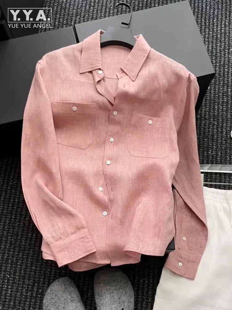 

Lotus Root Pink Single Breasted Double Pocket Summer Women Shirt Long Sleeve Breathable Straight Thin Turndown Collar Casual Top