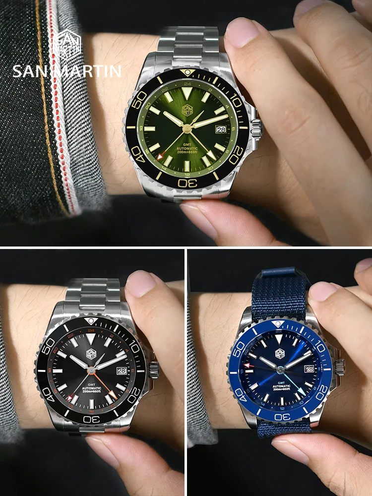 San Martin 39mm Diver GMT Uhr Emaille Zifferblatt NH34 Edelstahl Luxus Herrenuhr Automatische Mechanische Saphir Leuchtende SN0136