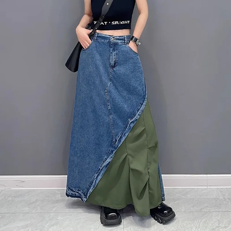 

Women Denim Skirt Patchwork Long Skirts High Waist Washed Vintage Distressed Pockets A Line Female Streetwear Summer 2025