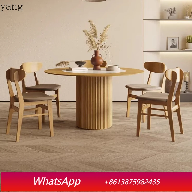 

Обеденный стол LMM из массива дерева с каменной столешницей, круглый, в стиле ваби-сэнд, для небольшой квартиры, с поворотным механизмом