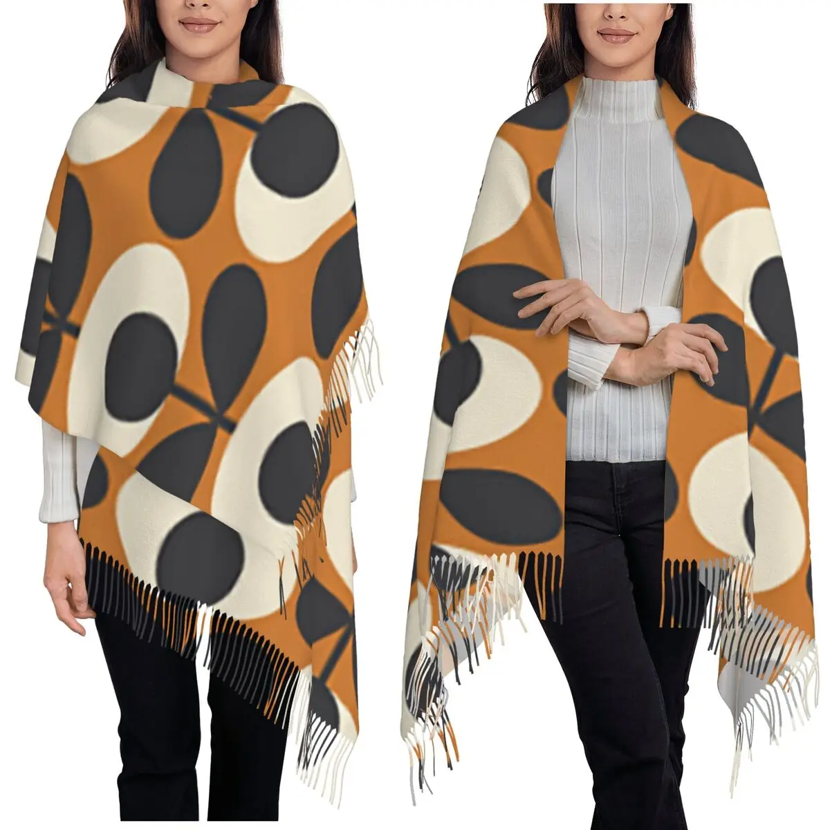 Orla Kiely Flowers Abstract Scarf Tassel Scarves Women Soft Warm Shawls and Wraps Large Fall Winter Shawl Wrap