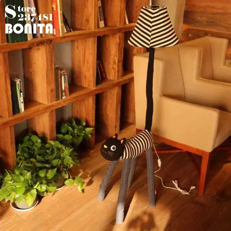 Christmas Gift Floor Lamp Living Room Children Room Floor Light Canvas Catoon Animal Striped Cat Feet Adjustable Stand Lamp