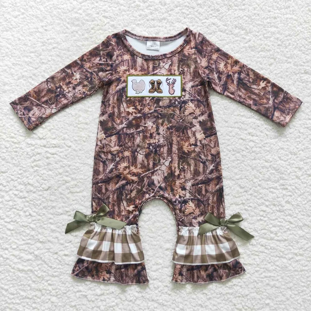 Wholesale Baby Boy Girl Long Sleeves Embroidery Duck Deer Jumpsuit Kids Toddler One-piece Children Newborn Camo Ruffle Romper