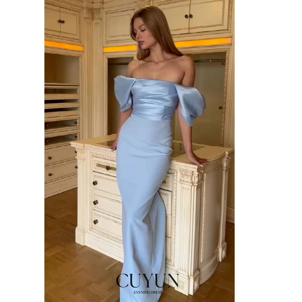 

CUYUN Элегантные синие вечерние платья с вырезом лодочкой и пышными рукавами Вечерние платья Прямое вечернее платье по индивидуальному заказу для банкета