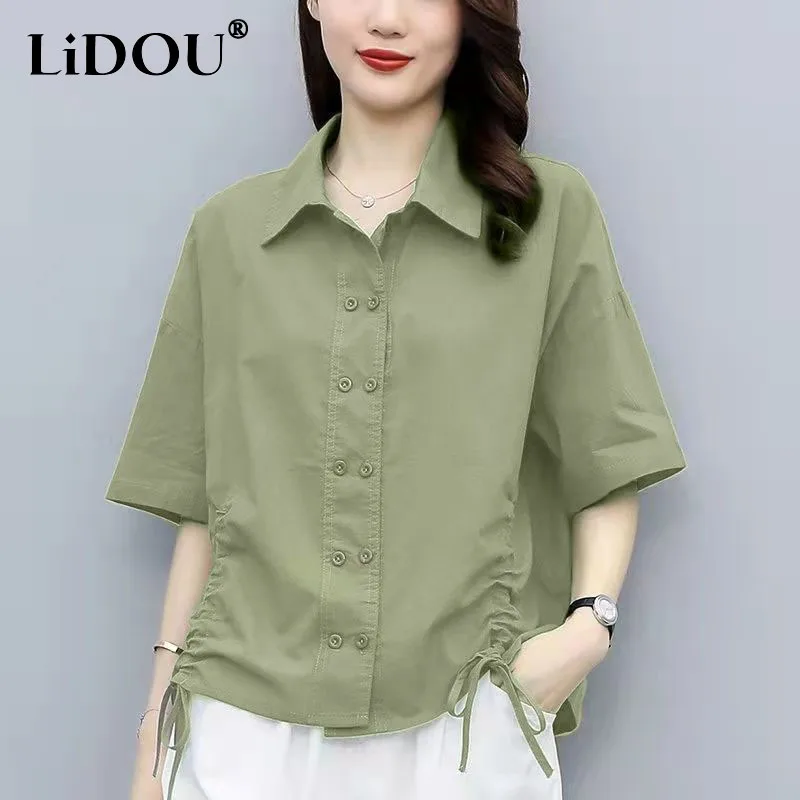 

2023 Summer New Solid Color Cotton Hemp Clothes Female Turn-down Collar Double-breasted Tops Ladies Half Sleeve Pull Rope Blouse