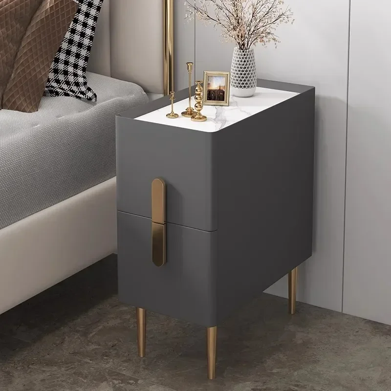 Nordic Style Bedroom Bedside Table Modern Mini Narrow Rock Surface Nightstand Self-Contained 2 Drawers Wooden Bedroom Tables