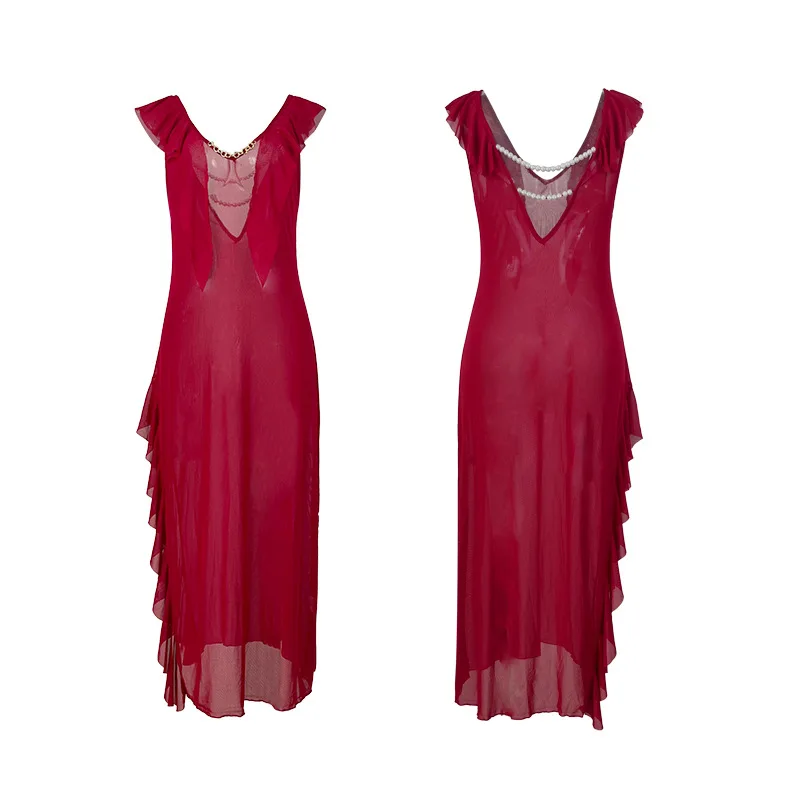 Women Red Sheer Mesh Maxi Nightgown Ruffle Cap Sleeve V Neck Side Split Adjustable Pearl Chain Back Detail Sleep Slip Dress BMJ4