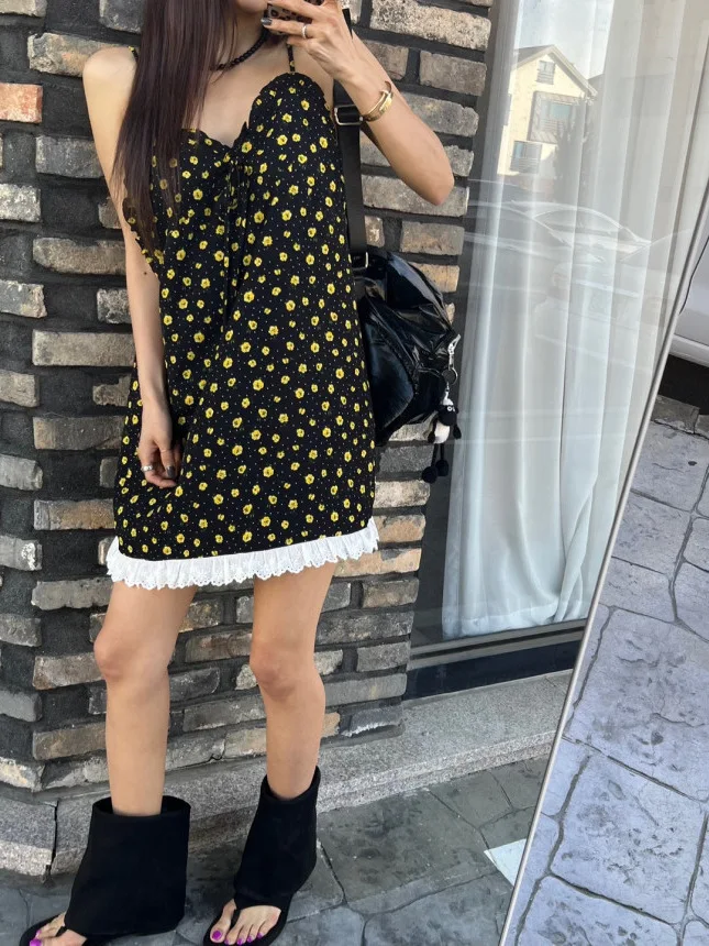 Zoete bloemenprint strapl kanten rand Dr dames zomer casual losse taille geen Sve V-Ne lange Dr-jurk