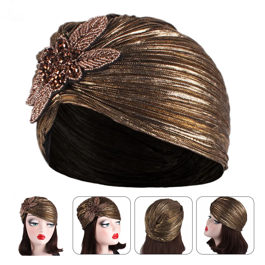 Delicate Turban Hat Miss Hats Gold Stamping Bronzing Cloth Headband Scarf Noble Style