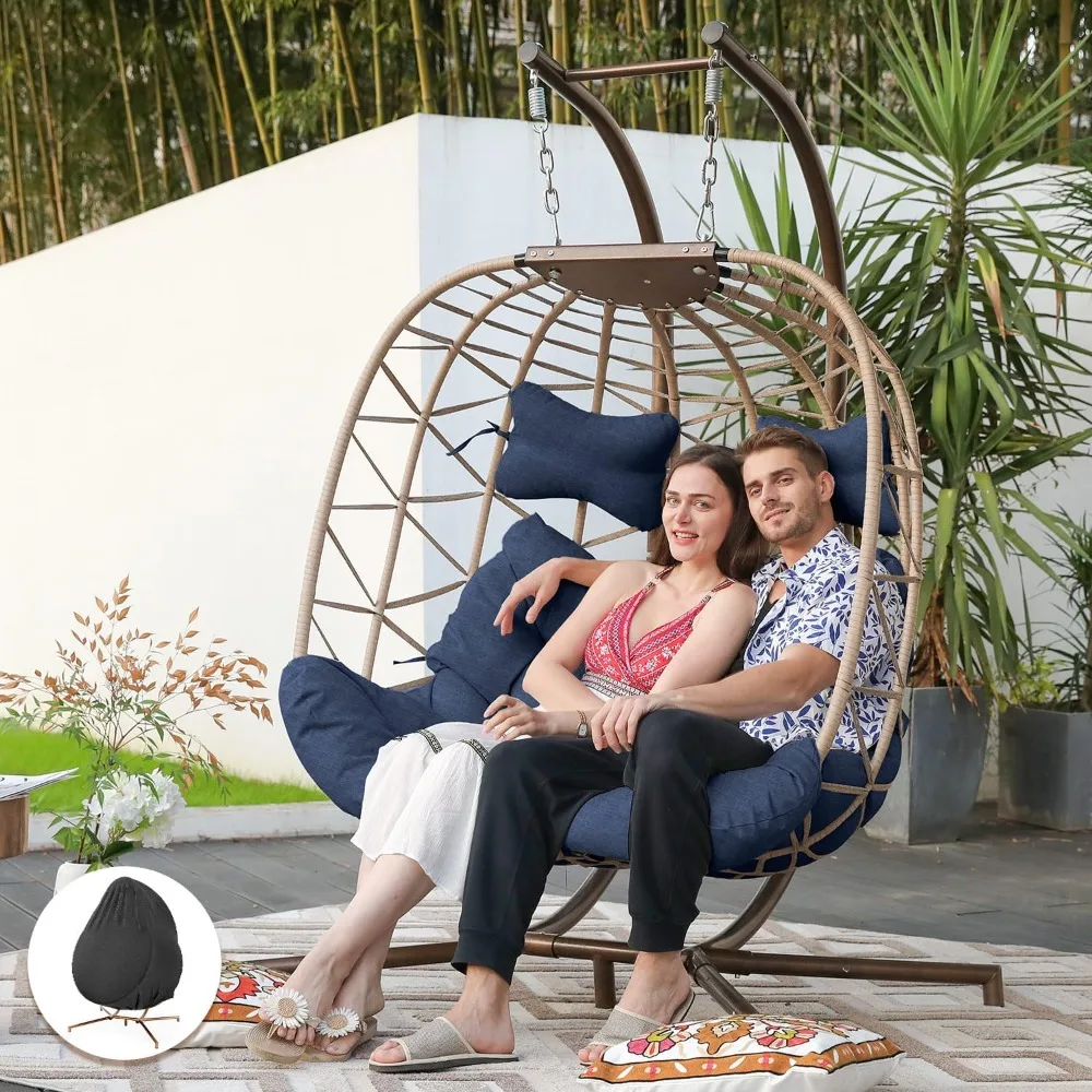 

Oversized 2 Person Patio Swing Chair with Stand and Thick Cushion, Indoor Outdoor Large PE Wicker Egg Shaped Hanging Egg Chair