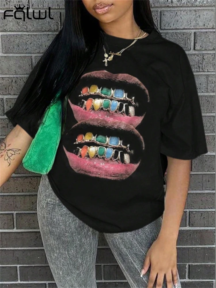 Habbris Summer Hipster Colorful Tooth Graphic T Shirts For Women 2024 Short Sleeve O-Neck Casual Loose Tees Y2K Streetwear Tops