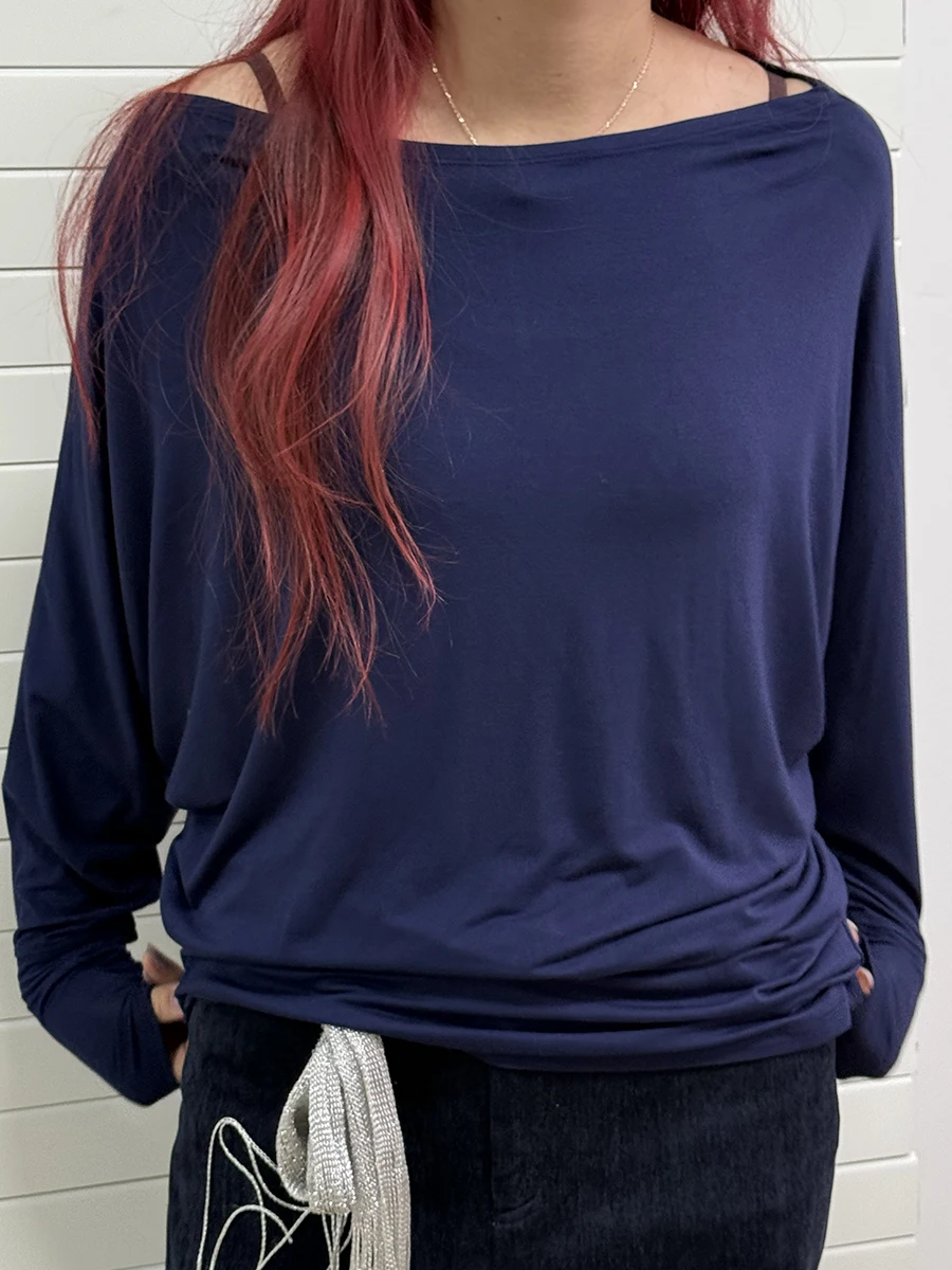 

Новые женские футболки с длинными рукавами-крылышками в стиле Y2K, повседневные, с вырезом-лодочкой, из хлопка, элегантные, простые, универсальные топы