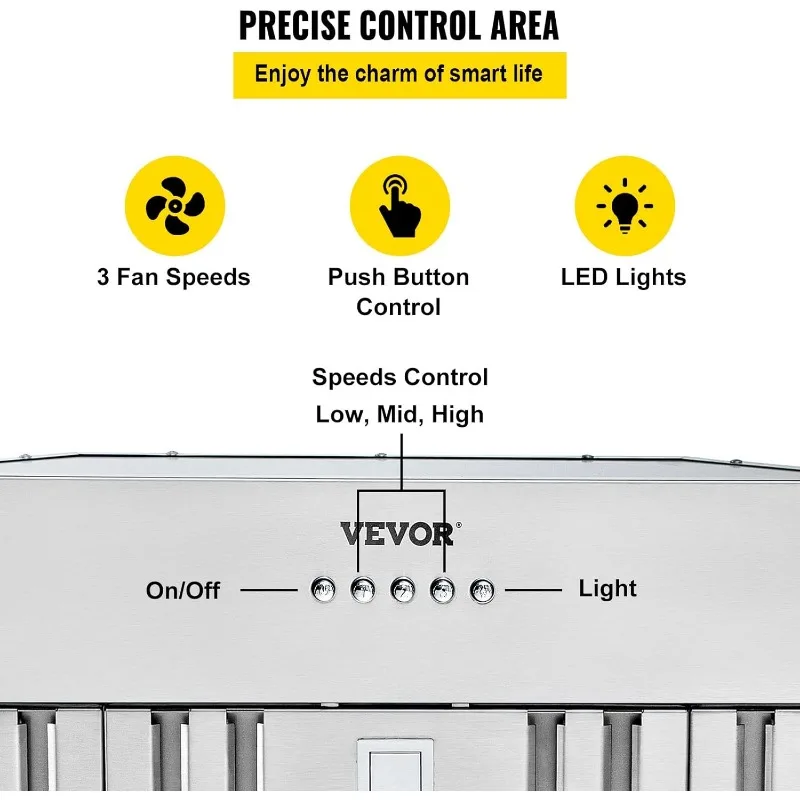 شفاط المطبخ VEVOR، 800CFM 3 سرعات، فتحة مطبخ مدمجة من الفولاذ المقاوم للصدأ مقاس 36 بوصة مع زر ضغط للتحكم في أضواء LED