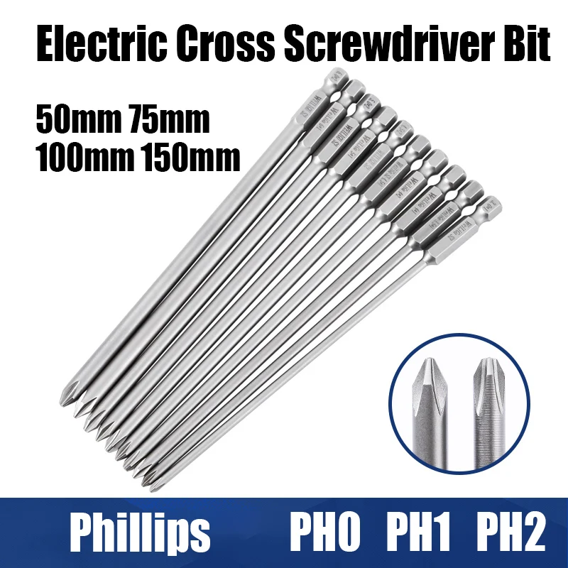 50mm 75mm 100mm 150mm Electric Cross Screwdriver Bit Phillips Magnetic Batch Head PH0 PH1 PH2 Hex Shank Impact Screwdriver Drill