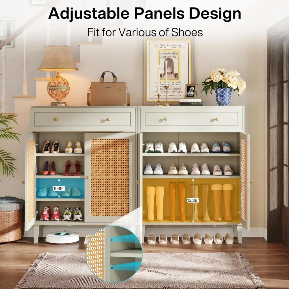 

Shoe Cabinet with Doors and Drawer, Modern Shoe Storage Cabinet for Entryway, Rattan Shoes Cabinet with Adjustable Shelf