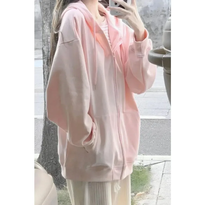 

Women's Pink Zip Up Hoodie Loose Casual Long Sleeve Jacket Soft Fleece Lined Coat