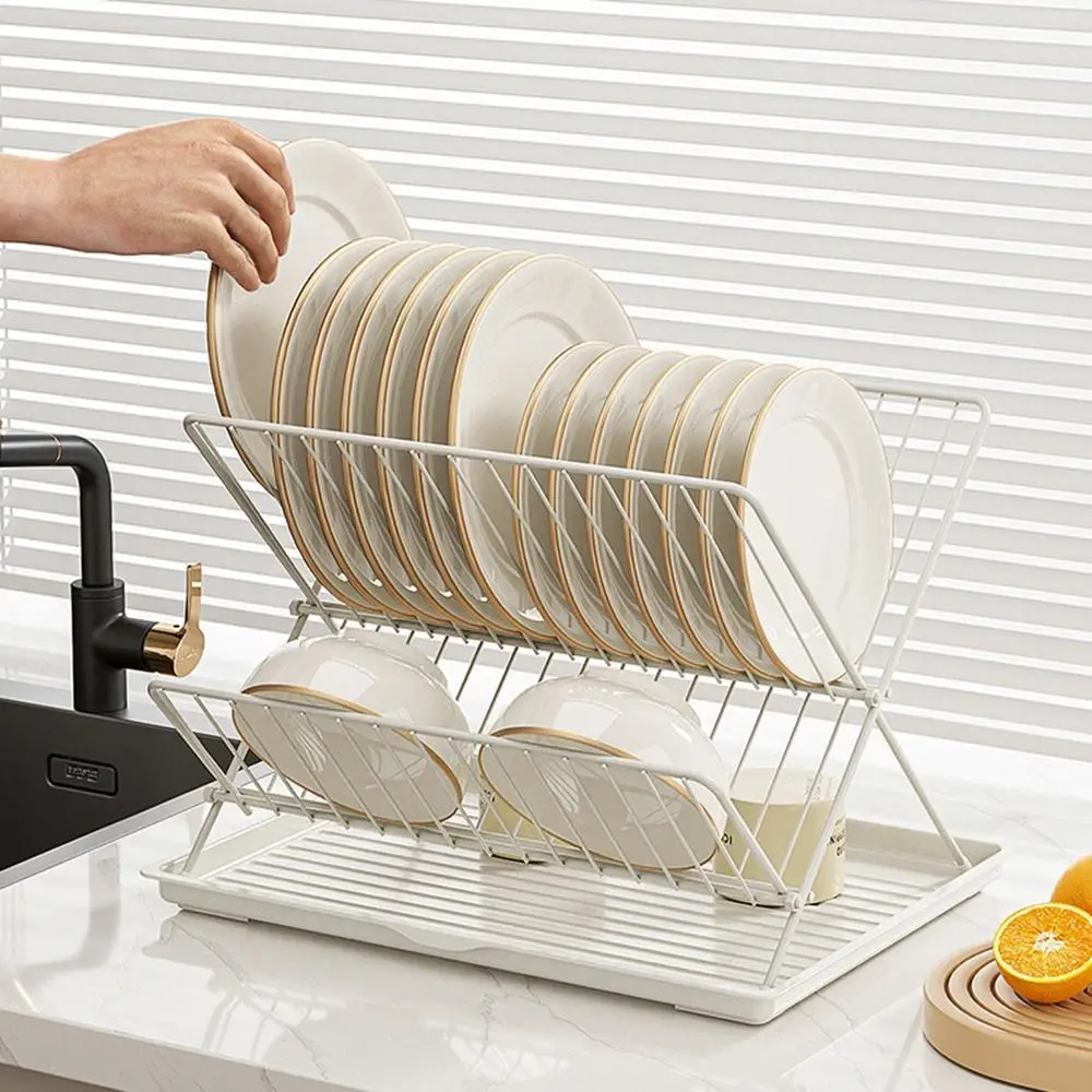 

X-Shape Foldable Dish Drying Rack 2 Tier Non-slip Kitchen Tableware Holder Water Catcher Tray Space-saving Plate Drying Shelf