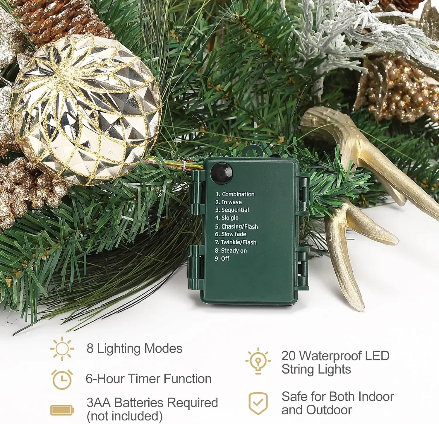 Garvee 6 ft Pre-Lit Christmas Garland Home Party Decor Battery Operated Xmas Garland with 20 LED Lights Outdoor Yard Pine Rattan Hanging Ornaments Cheap Gold Balls for Front Door Fireplace Mantel Stairs Table Decor view 5
