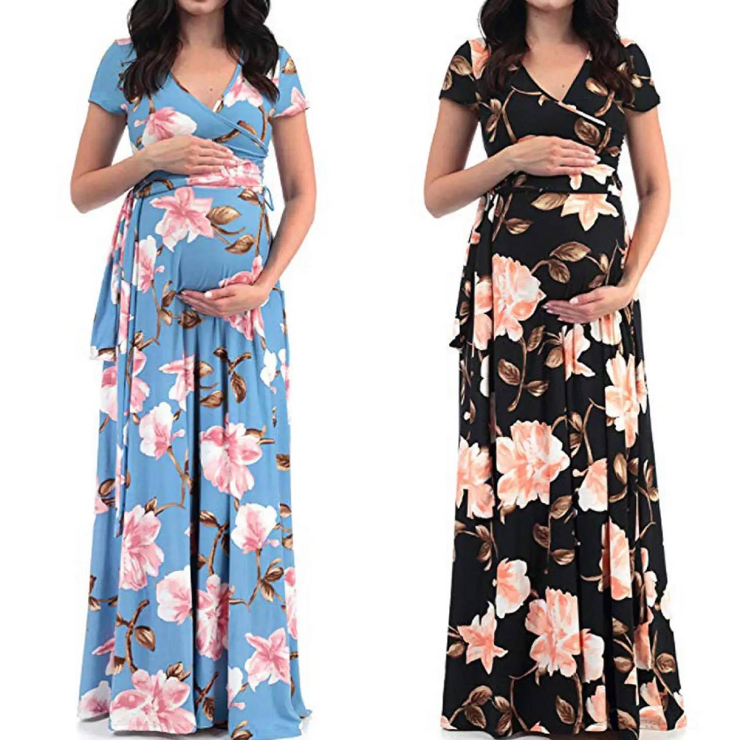 

Maternity Dresses for Photo Shoot Polyester V-neck Short Sleeve Belted Printed Dress for Pregnant Mother Women Designer Costumes