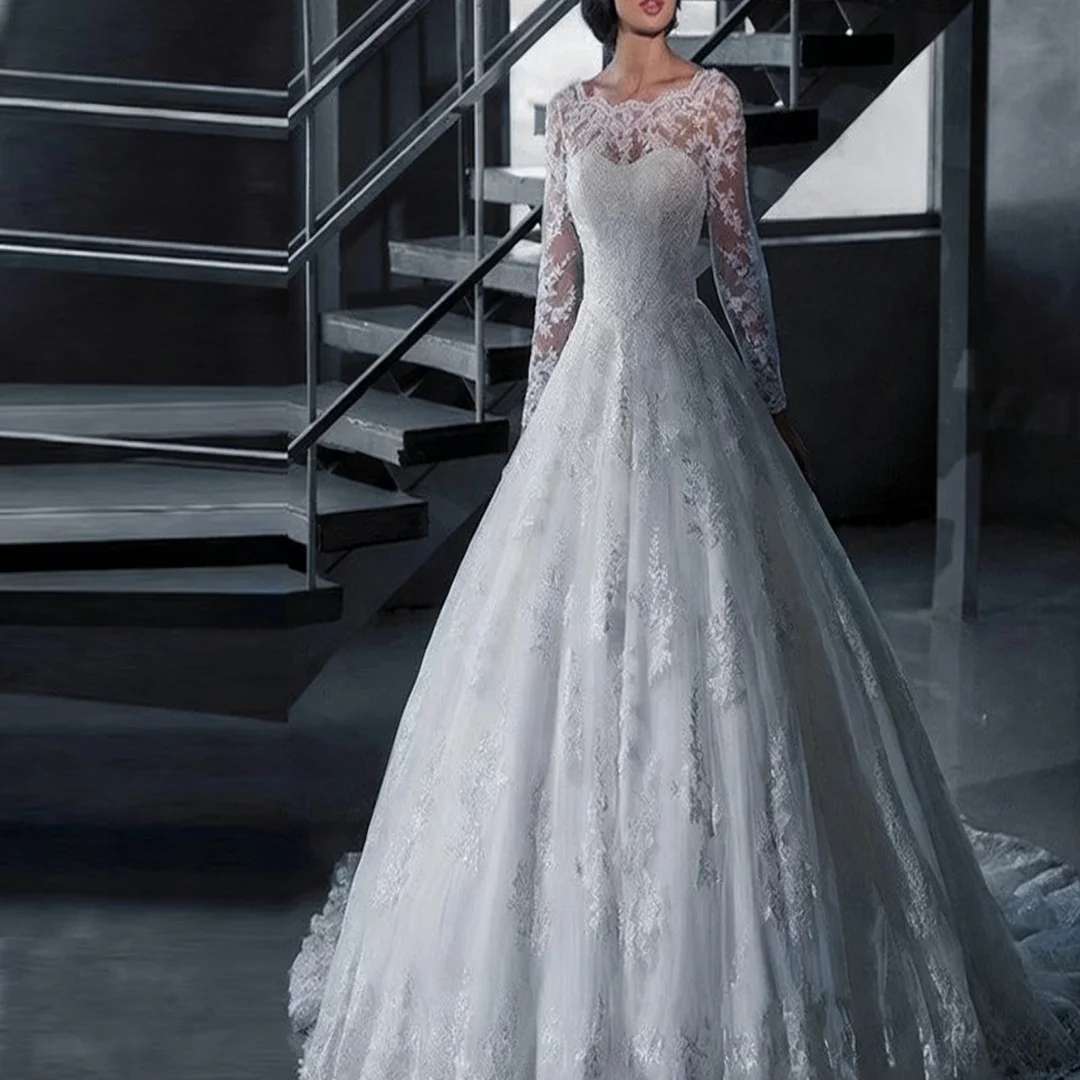 فساتين زفاف مخصصة على شكل حرف a مطرزة بأكمام طويلة فساتين زفاف فاخرة للنساء العروس الرسمية رداء حفلات العروس
