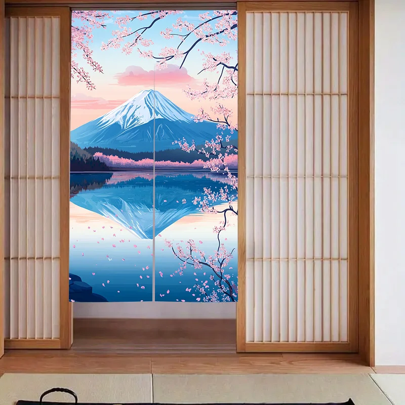 Japanese Noren Curtain Mount Fuji Lake Cherry Blossom Sunset Reflection Door Decor