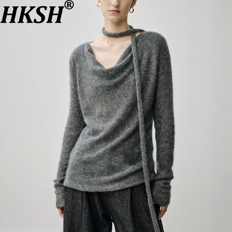 

HKSH Autumn Winter New Women Knitted Top Ribbon Swing Collar Long Sleeve Solid Color Korean Elegant High-end Casual Tees HK11743