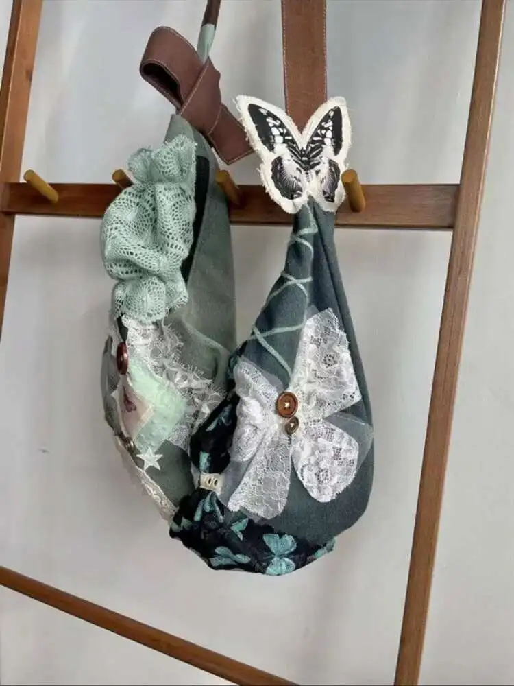 Sweet Lace Butterfly Patchwork Vintage Button Tote กระเป๋านักเรียนกระเป๋าสะพายนักเรียนวัยรุ่นของขวัญ B1978 hit