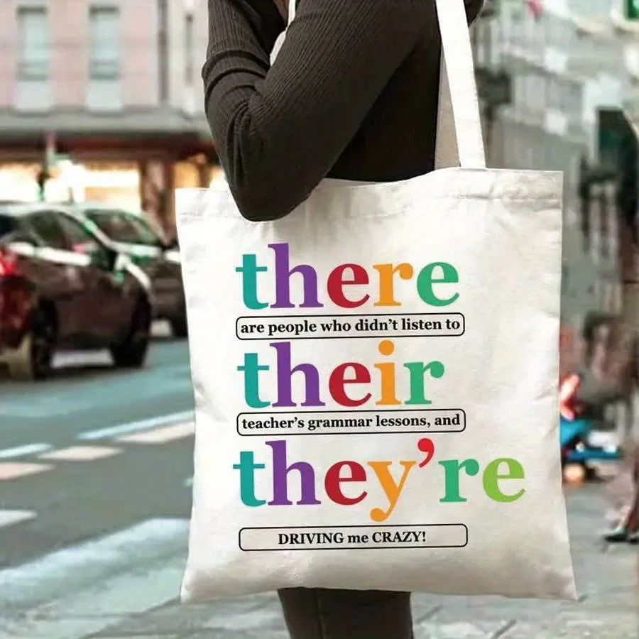 1pc Grammar Meme Themed Printed Tote Shopping Bag,Suitable for Daily Use,Commute,School,Travel,A Funny Gift for English Teachers