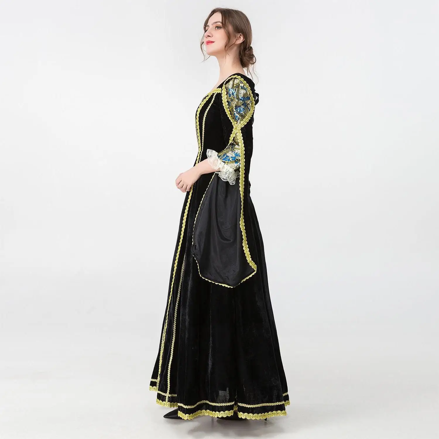 Ele Velvet Cinderella Dr for loween Medieval Birthday Par Host Queen of Court Bla Velvet Gown Polyester Material