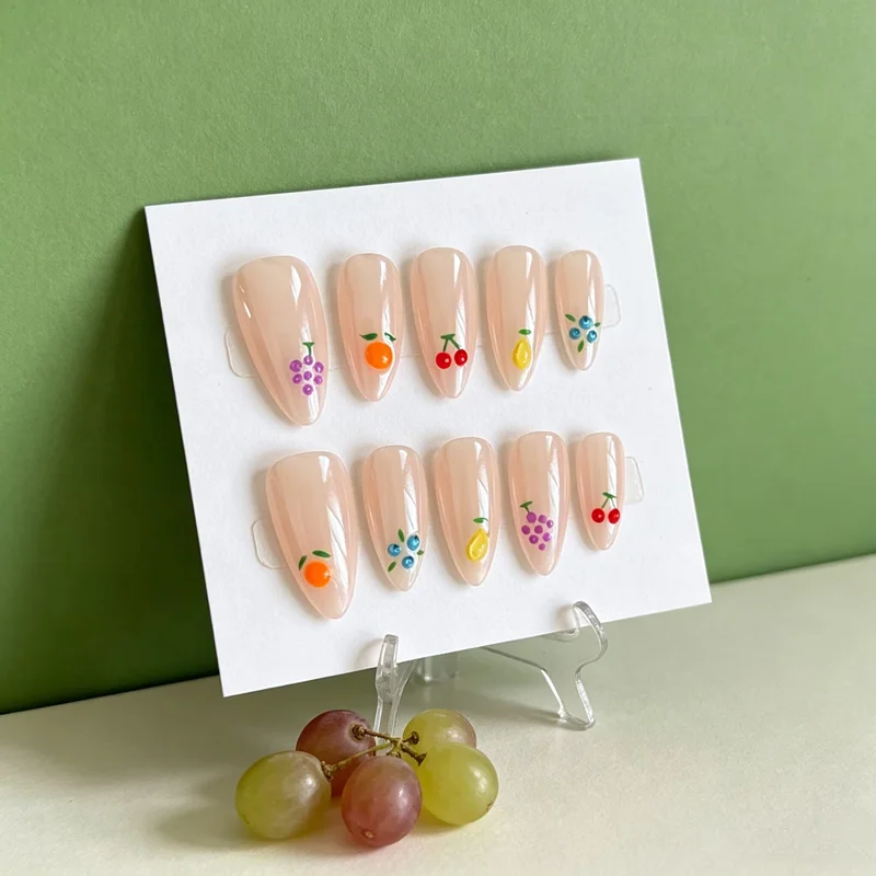 10PCS Fruity Handmade Press on Nails Grape Cherry Design False Nails Wearable Almond Reusable Orange Cute Manicure Nude Nails