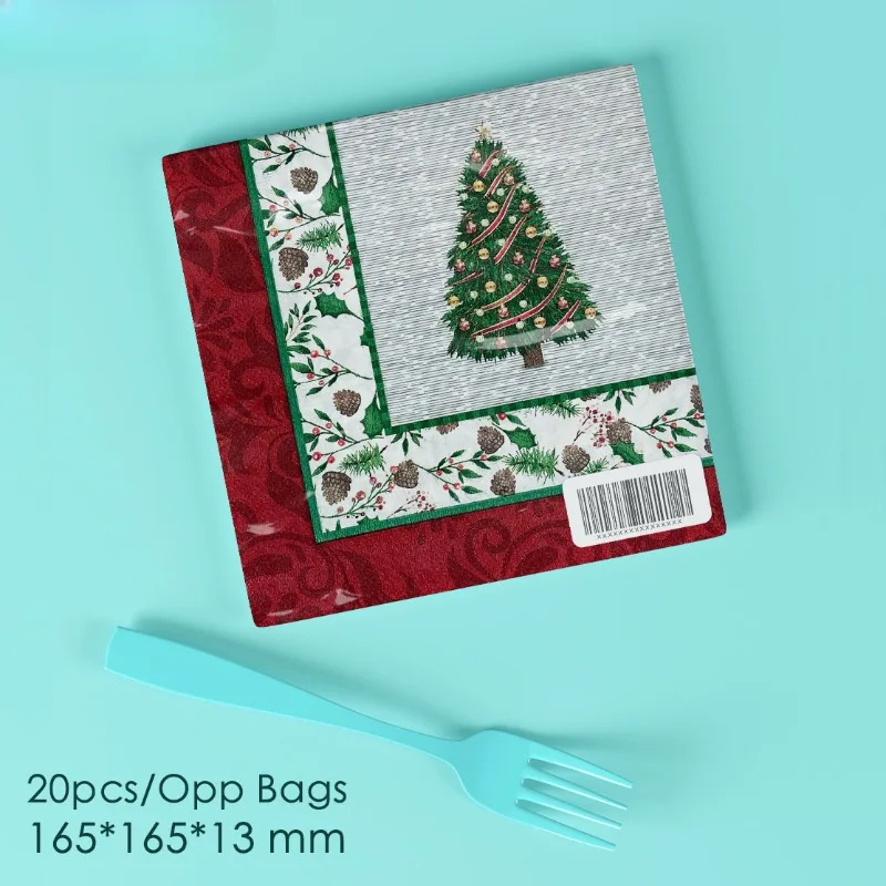 20pcs/Pac 33cm 2-Ply Christmas Tree Paper Napkins Food Grade Printed Cocktail Napkins Commercial Drawing Tissues Square Tissues