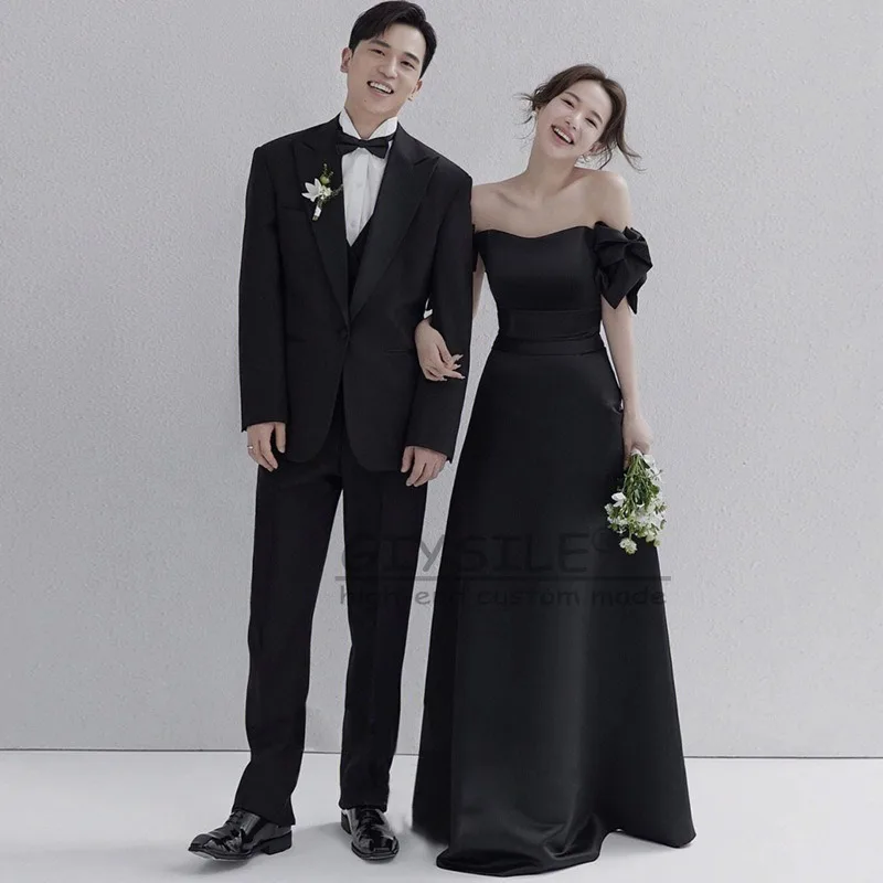 GIYSILE Customized High-grade Wedding Dress Retro Hepburn Style Black Satin  TshionSimpl E One-shoulder Party Dress Strap Back
