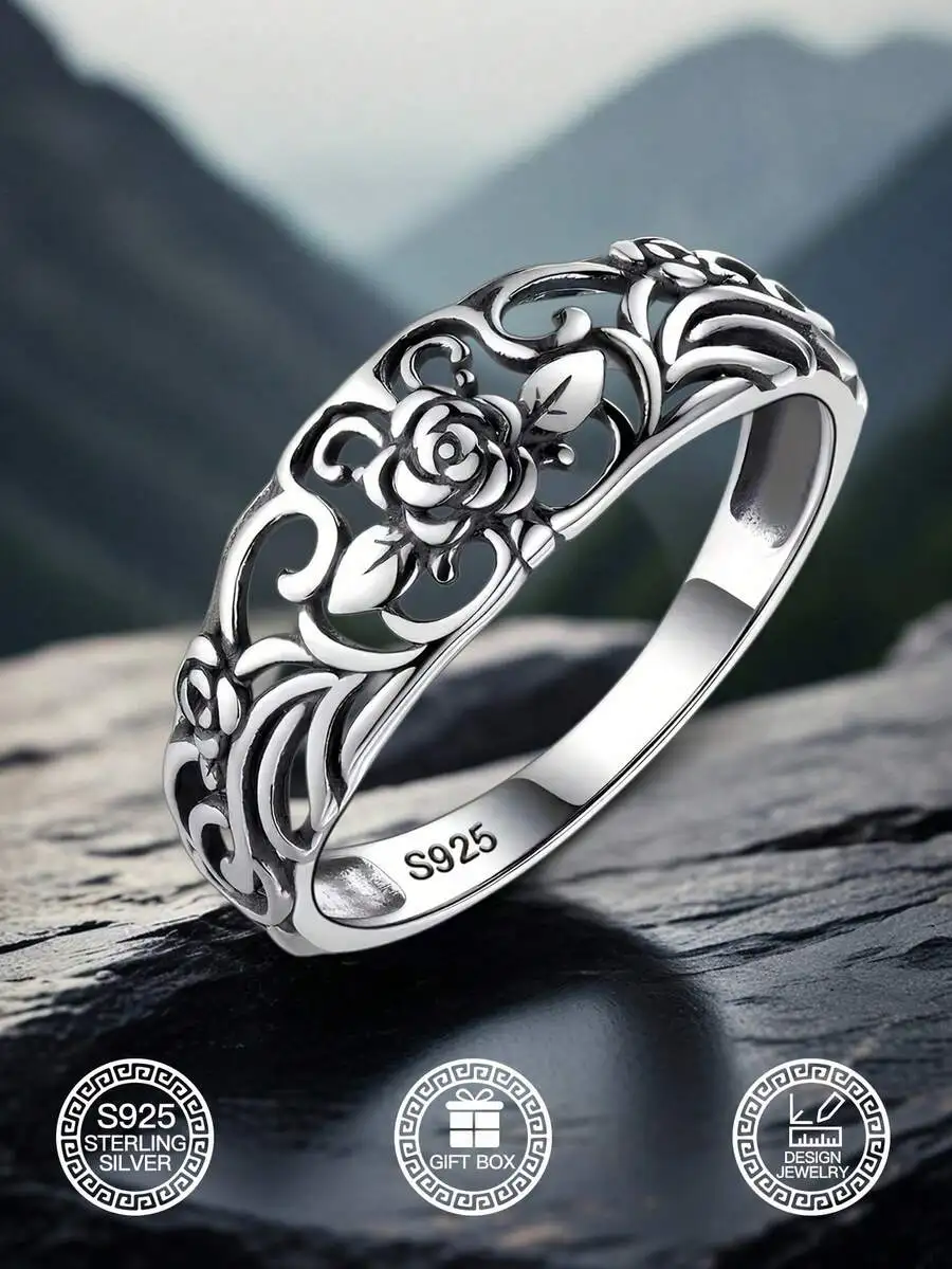 

Women S925 Sterling Silver Gothic Ring Hollow Rose Thorn Vintage Design Low Allergy Daily Wedding Holiday Gift