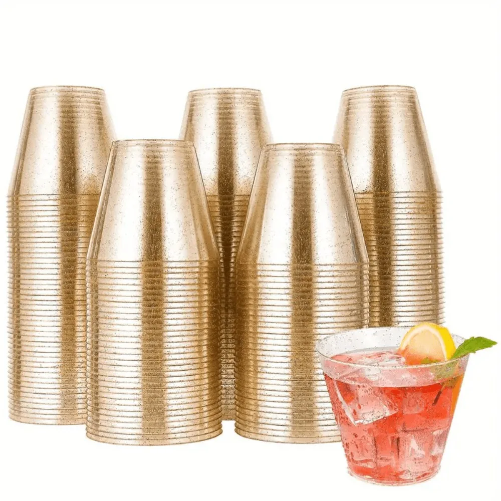 10/50/100pcs  9OZ Disposable Plastic Water Cup Gold Powder Wine Cup Silver Powder Whiskey Cup Juice Cup Dessert Cup Mousse Cup