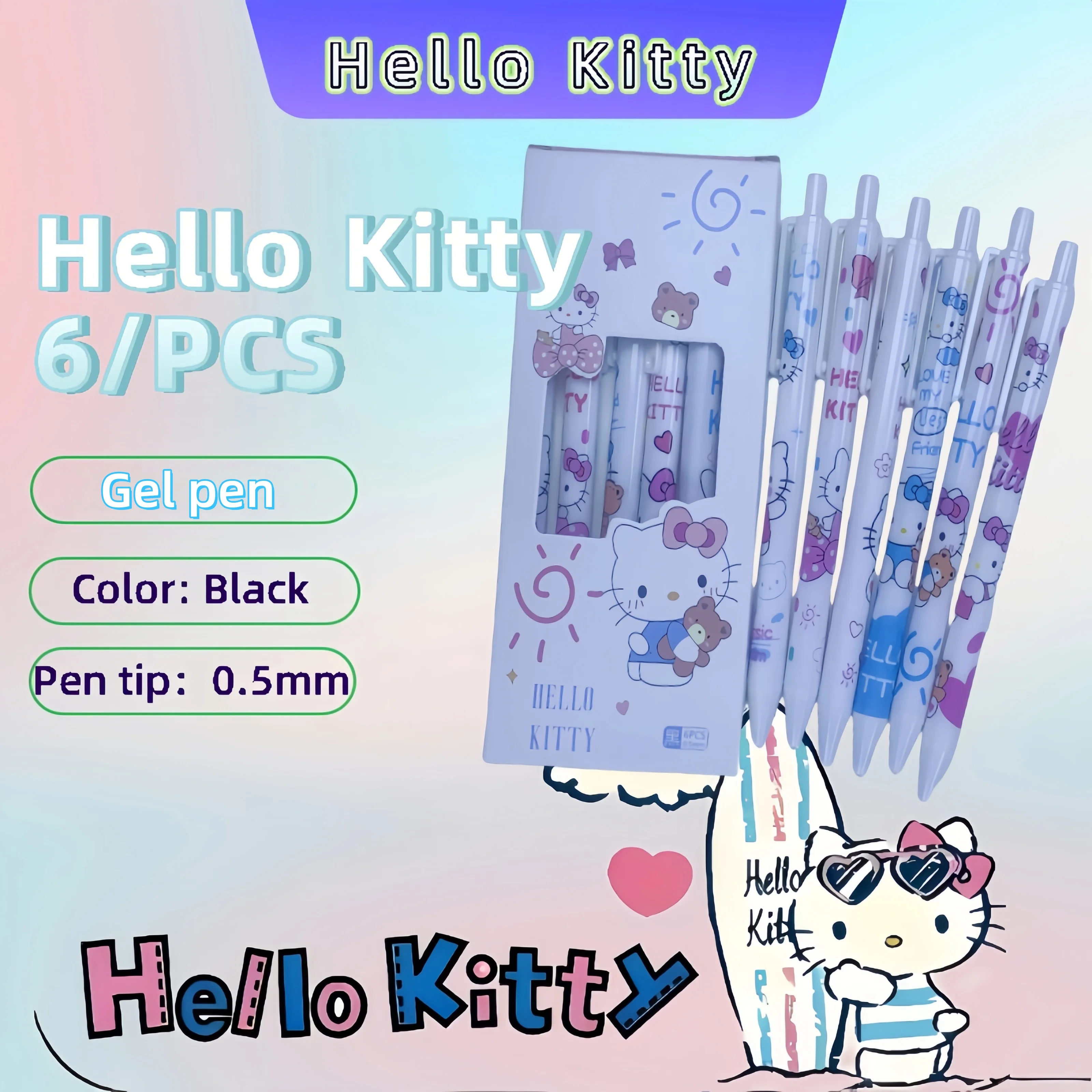 

Hello Kitty Latest 6-Piece School Set: Includes Quick-Drying 0.5mm Black Gel Pens, Ideal Learning Gift for Boys & Girls