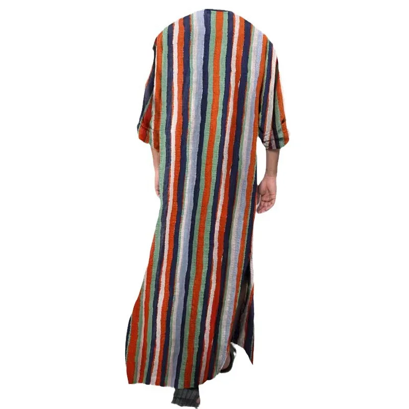 Fashion Muslim Men's Jubba Thobe  New Men's Loose Striped Stand-up Collar Door Tube Short-sleeved Robe Ethnic Style Casual  Robe