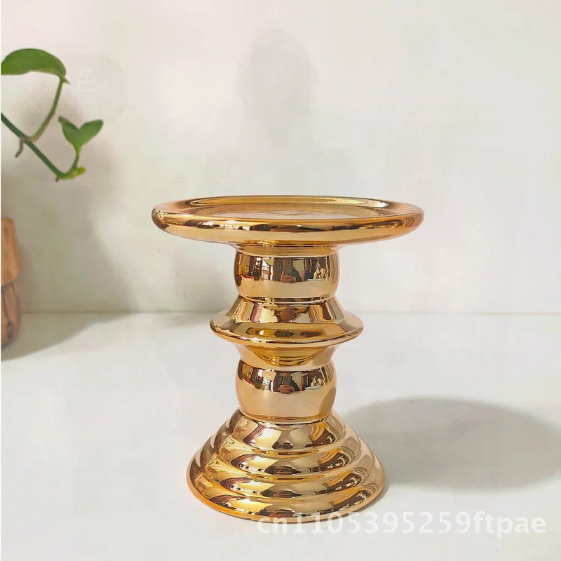 Gold-Plated Silver Ceramic Candlestick High-Leg Flat Plate Nordic Fashion Decorative Candelabra Simple Creative Design