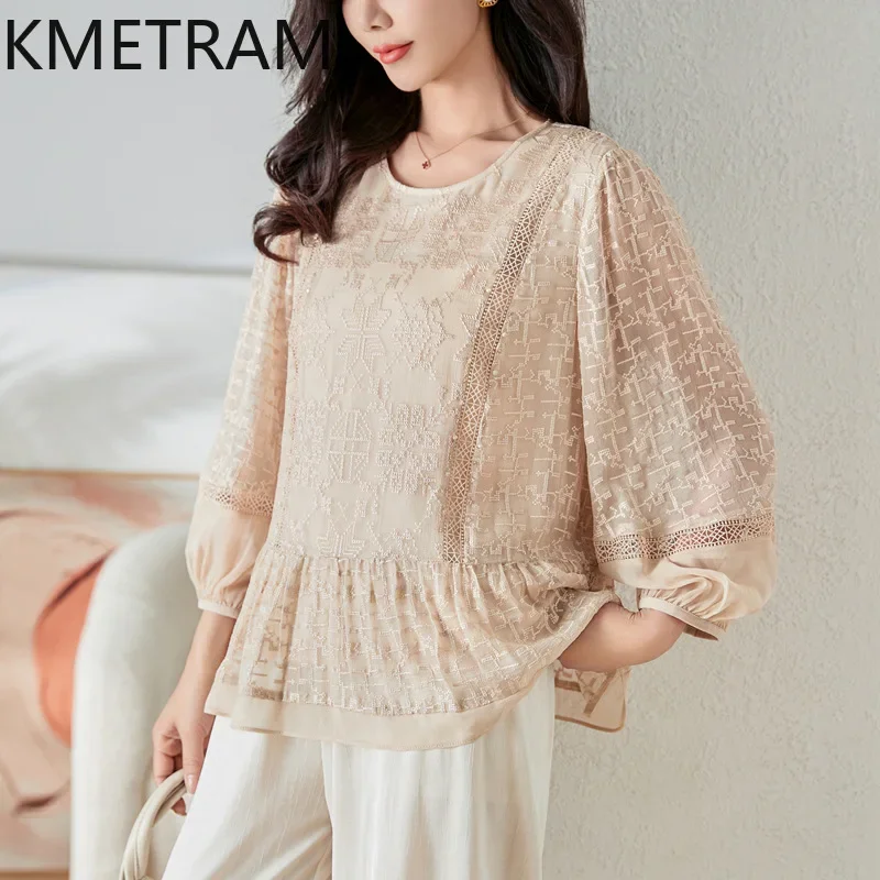 KMETRAM 100% Real Mulberry Silk T Shirts for Woman Summer Tops Casuales Fashion Long Sleeve Top Women Clothing Футболка 2024