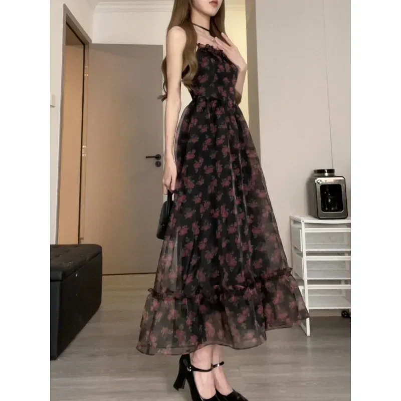 

women Dresses Night rose floral suspender summer 2023 new elegant traf party vintage birthday korean fashion formal dress