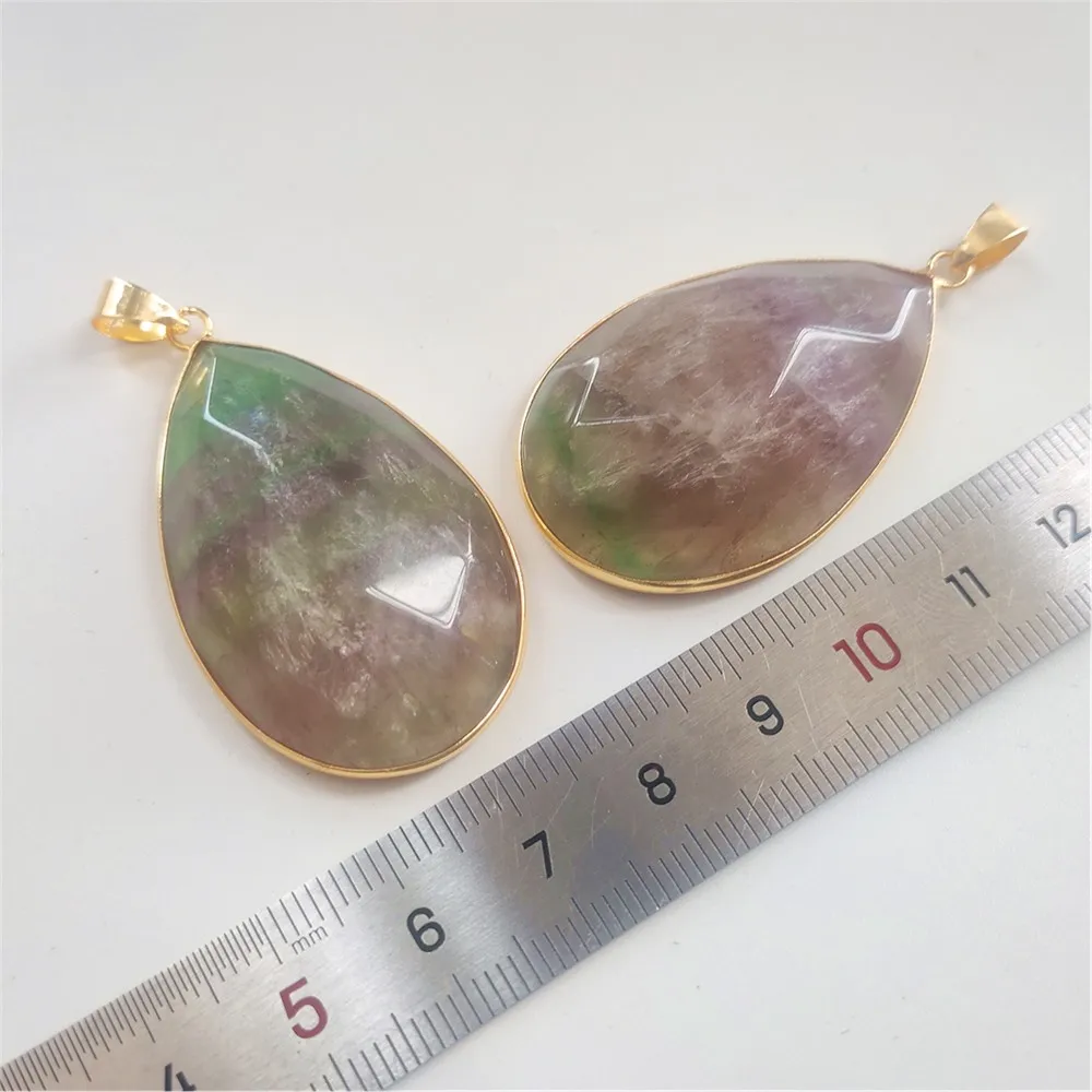 FUWO Wholesale Natural Fluorite Pendants,Golden Plated Bezel Rainbow Crystal Water Drop Accessories For Jewelry Make 5Pcs PD188