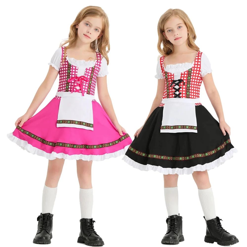 

Bavaria Traditional Beer Wench Maid Dress Girl Plaid Dirndl Dress Children German Oktoberfest Cosplay Kids National Costume