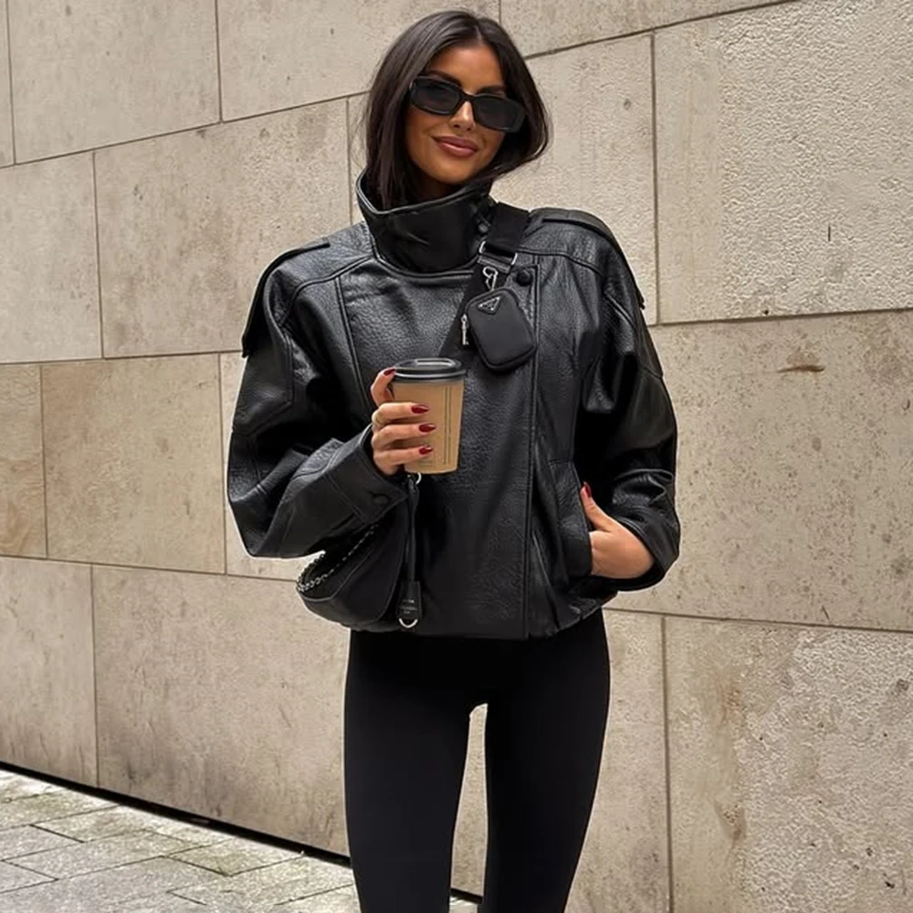 Tuularose الوقوف طوق المرأة سترة كم كامل زر مزدوج الصلبة الإناث سترات من الجلد الخريف موضة ملابس خارجية شارع العليا #1