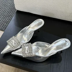 Eilyken Spring Women Slippers Crystal Buckle Thin Heels Pointed Toe Mule Shoes Fashion Party Zapatos De Mujeres